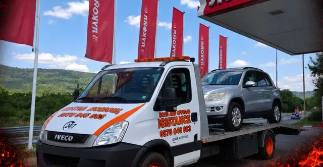 Репатракът на Цеков Ауто на бензиностанция